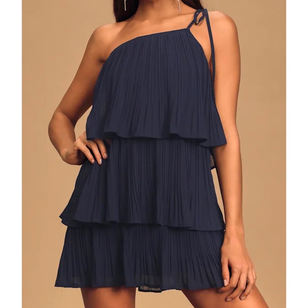 Lulus One Shoulder Blowing Kisses Tiered Mini Dress Womens Size Small Navy Blue